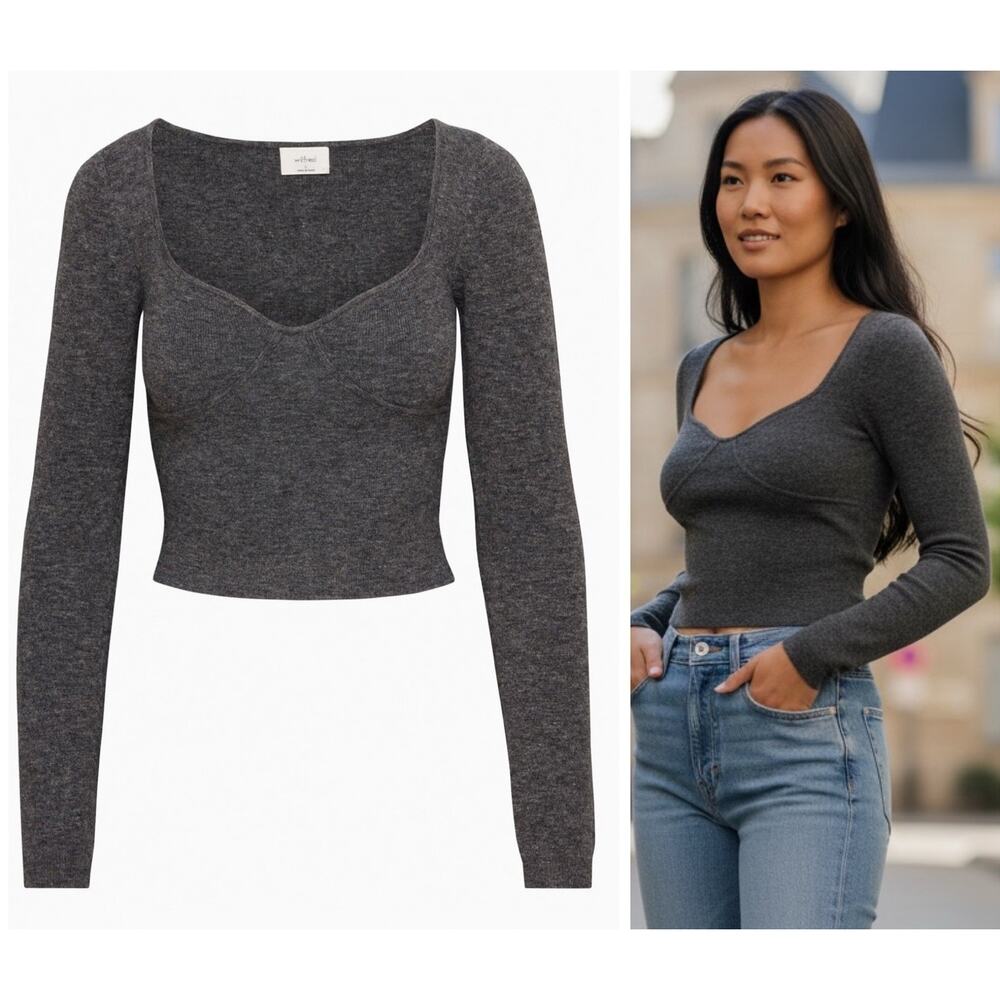 Aritzia Wilfred Sz L Greer Sweetheart Bustier Sweater Heather Gray Cashmere Wool